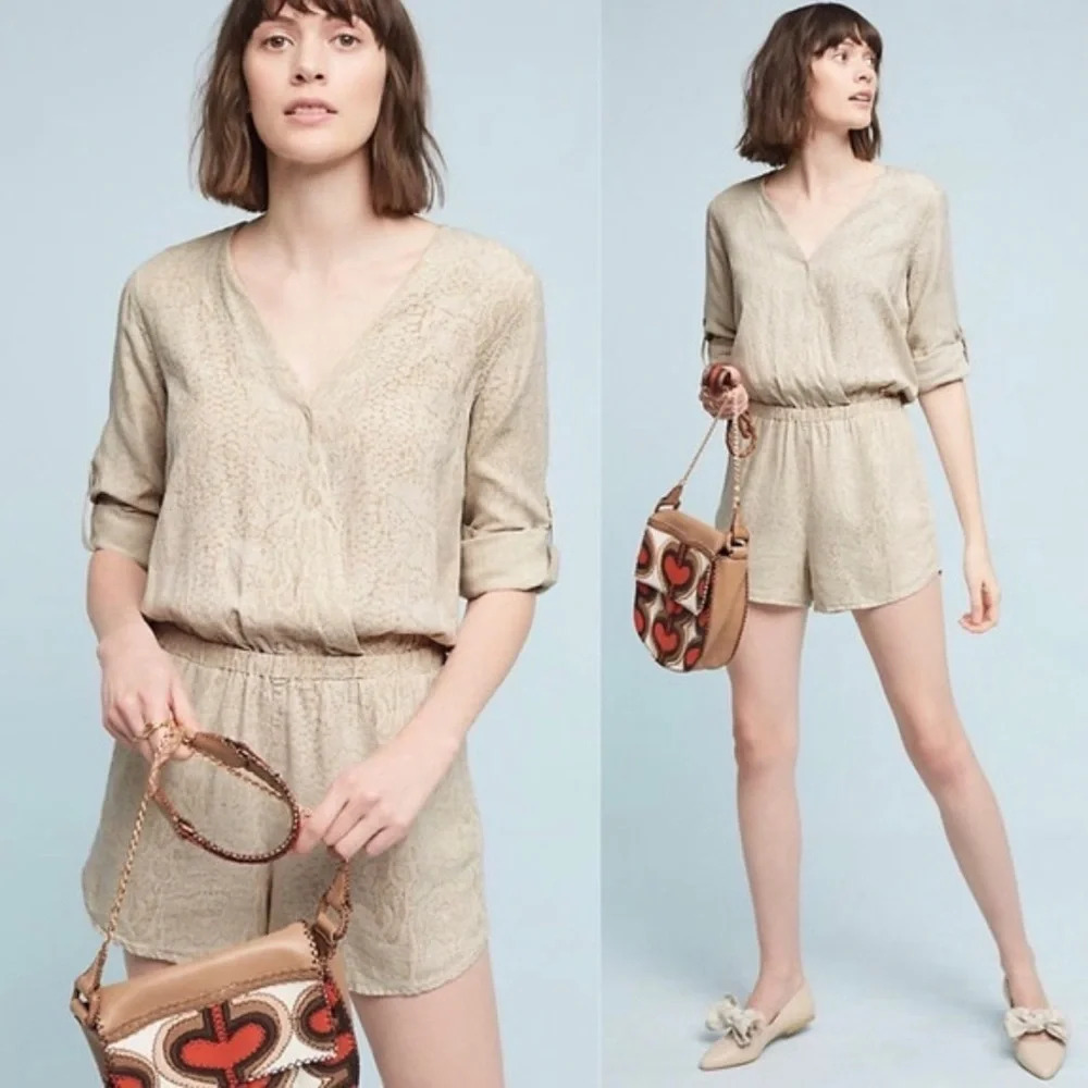 Anthropologie Cloth & Stone Beige Snake Print Linen Tencel Romper Size S